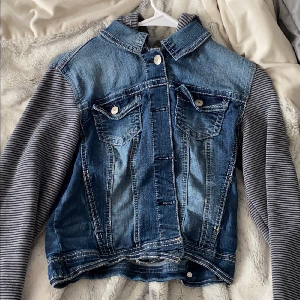 jean jacket with cotton striped sleeves